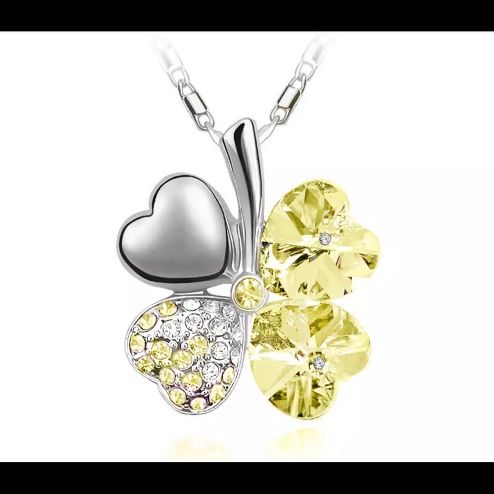 New White Gold Plated Charming Crystal Yellow citrine four Leaf Clover Necklace